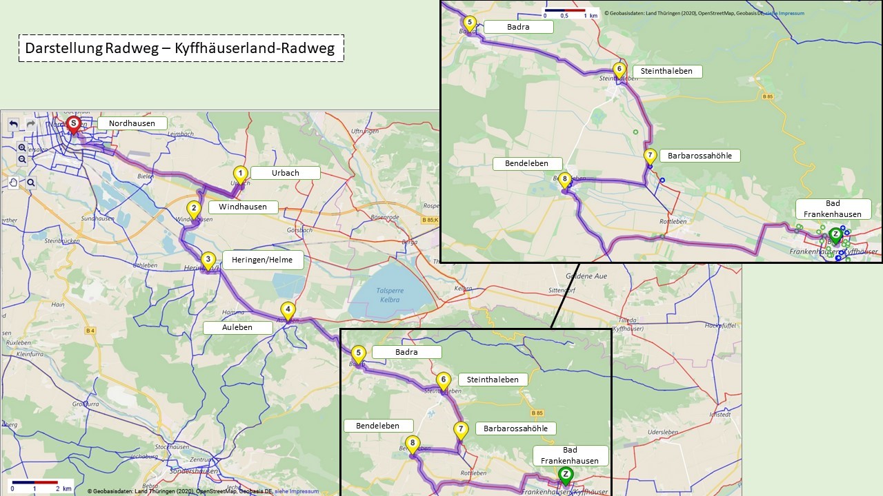 Darstellung Kyffhäuserland-Radweg in Verbindung mit HKR-Radweg und Anbindung Unstrut-Werra-Radweg bis Bad Frankenhausen Quelle: Routenplaner des Freistaats Thüringen https://www.radroutenplaner.thueringen.de/https://www.radroutenplaner.thueringen.de/; aufgerufen am 17.02.2022